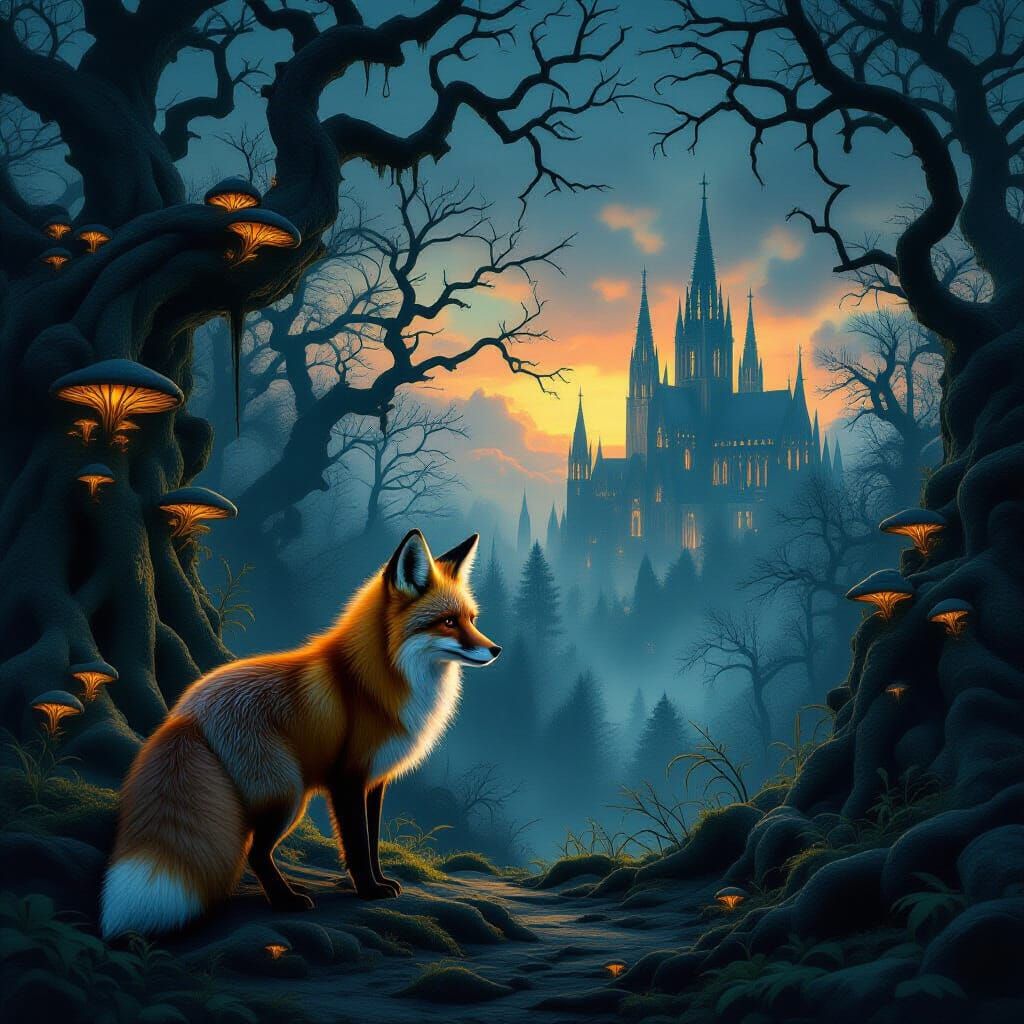 Golden Fox in Ancient Forest with Gothic Cathedral