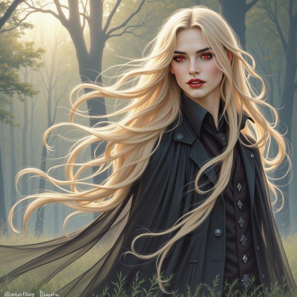 Blonde Vampire Woman in Dark Forest, Oil and Watercolor Styl...