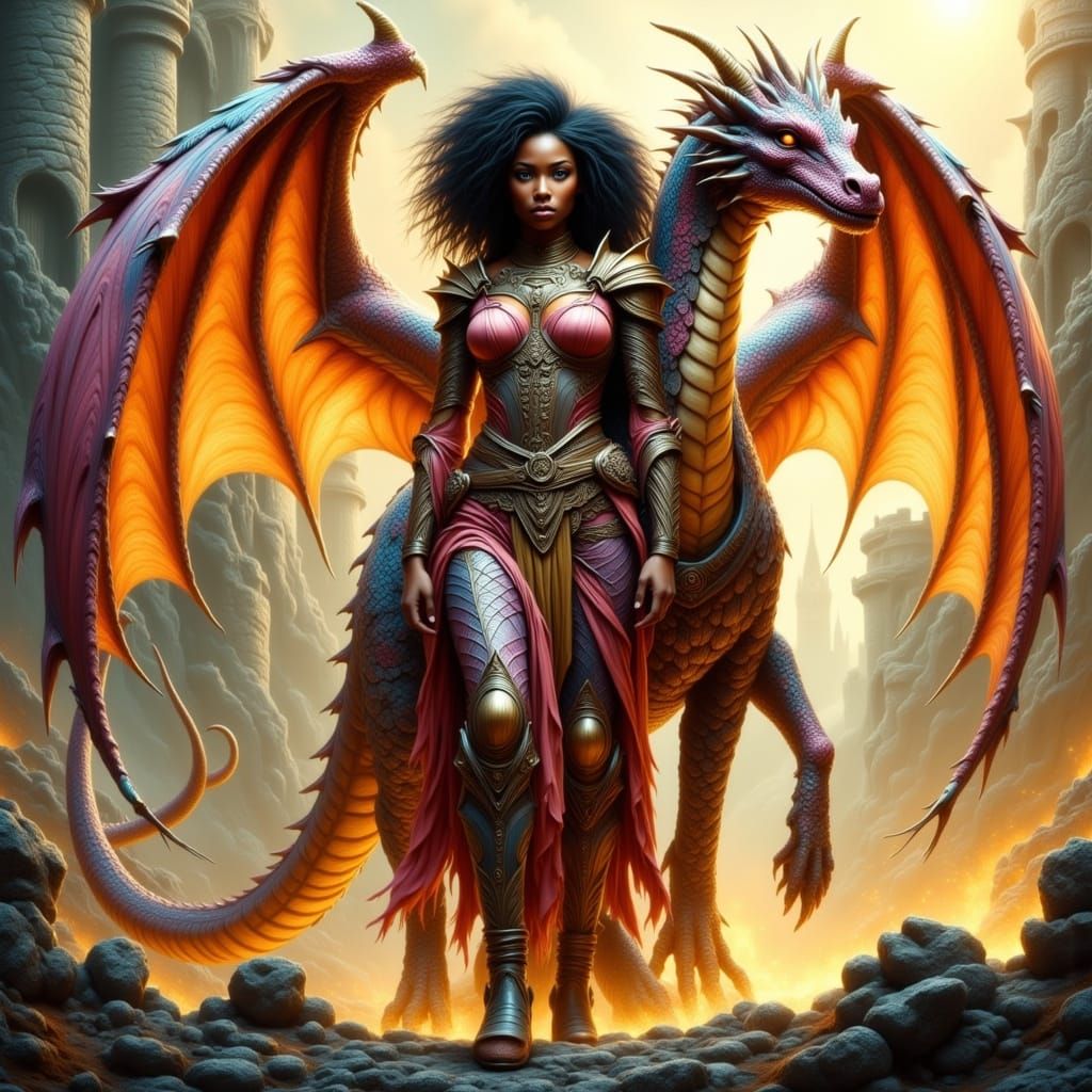 Powerful African Woman Dragon Warrior in Dusty Rose Armor