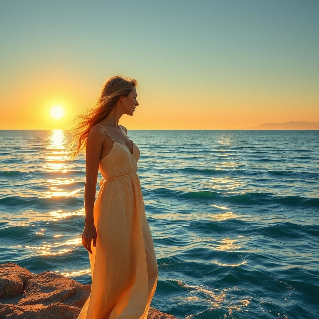 Serenely Smiling Blonde Beauty Amid Sunset Sea Landscape