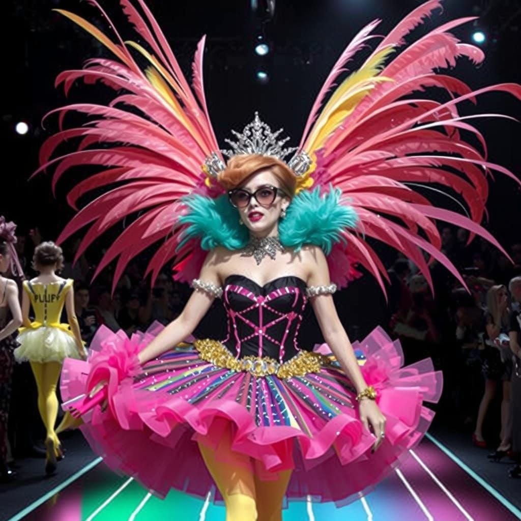 Ethereal Fashion Model Struts Down Catwalk in Whimsical Ense...