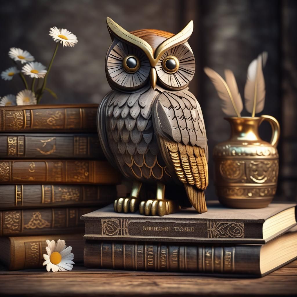 Detailed Carved Wooden Owl on Antique Books