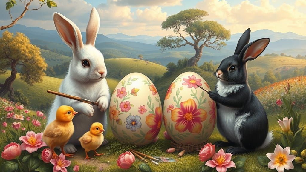 Rabbits and Chicks Painting Easter Eggs