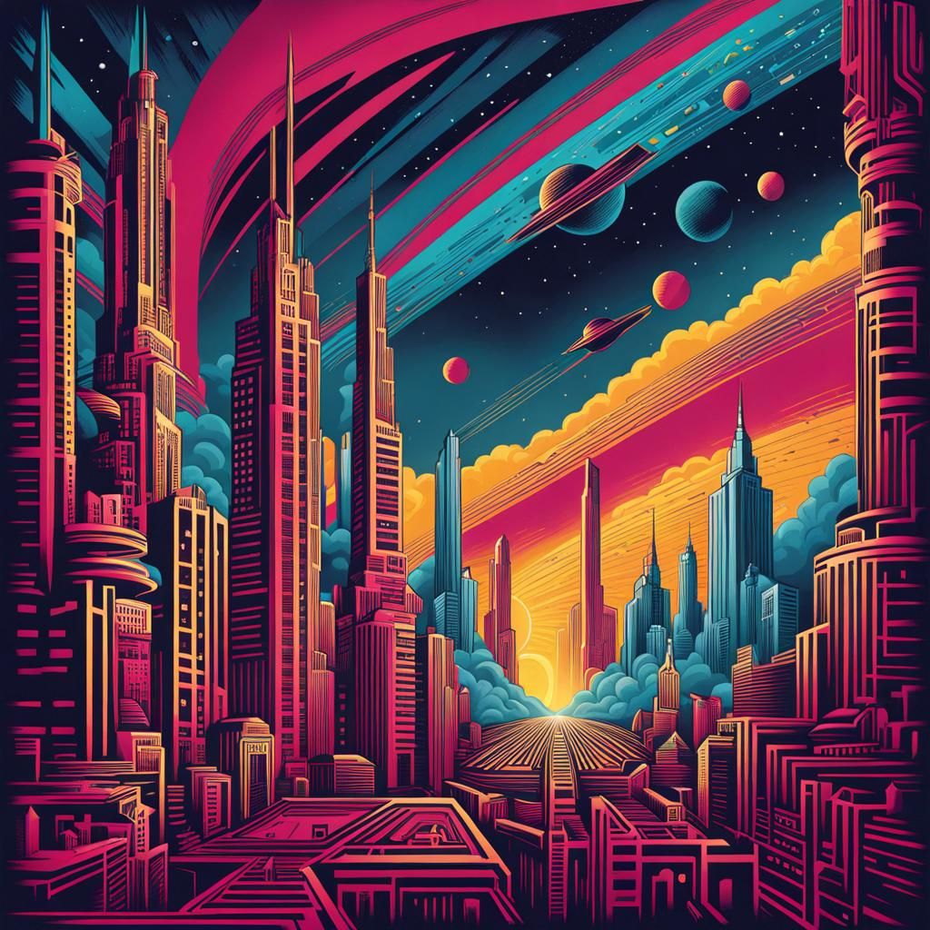 Alien Space Colony: Art Deco Ink Poster