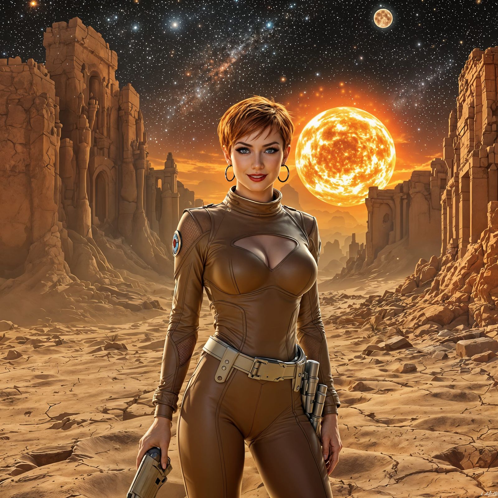 Futuristic Barbarian Space Explorer in Ancient Alien Ruins