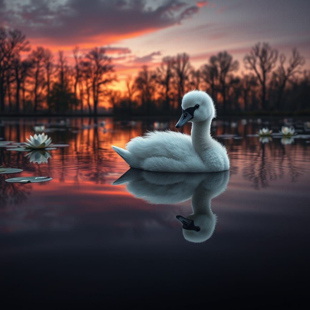 Majestic Swan Cygnet on a Twilight Lake