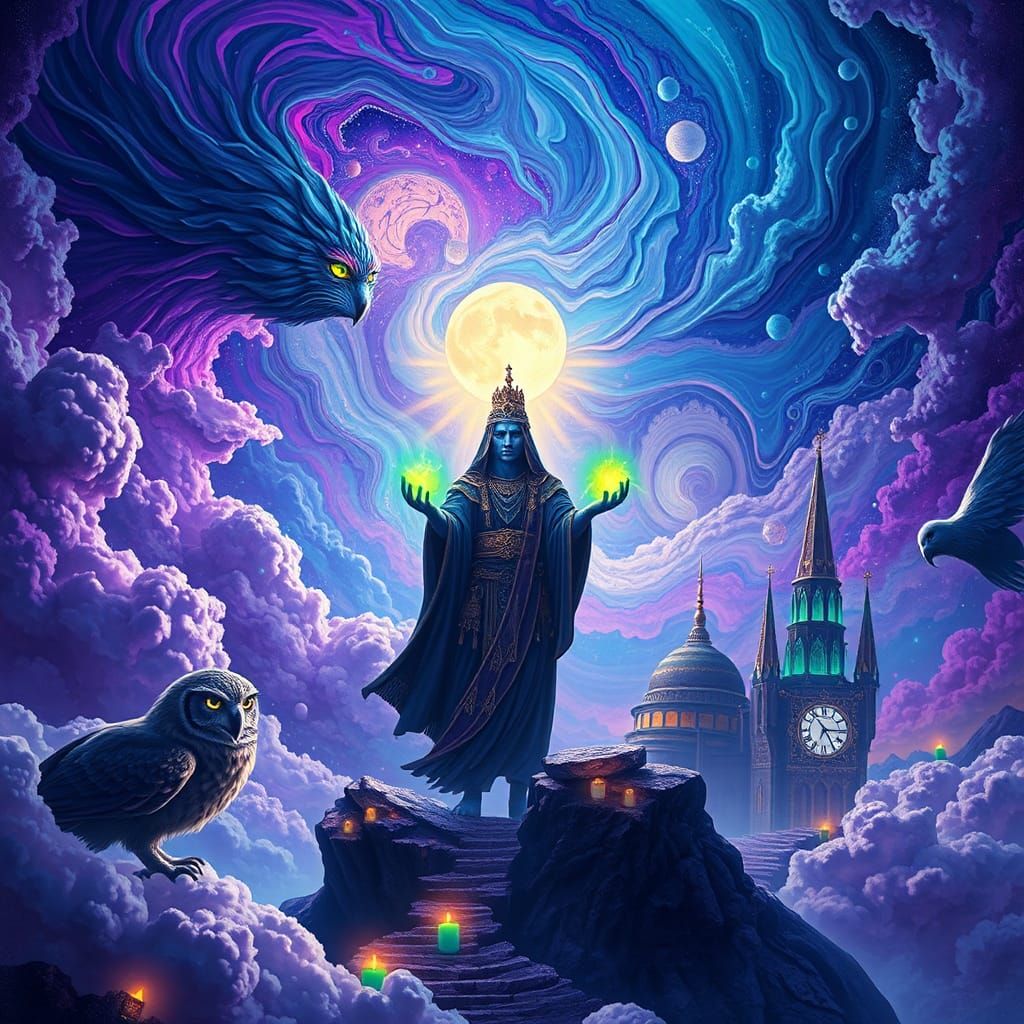 Cosmic Shaman Receives Green Fire in Astral Scene