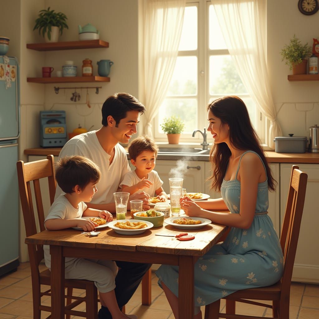 Cozy Family Lunch Scene in Warm, Inviting Colors