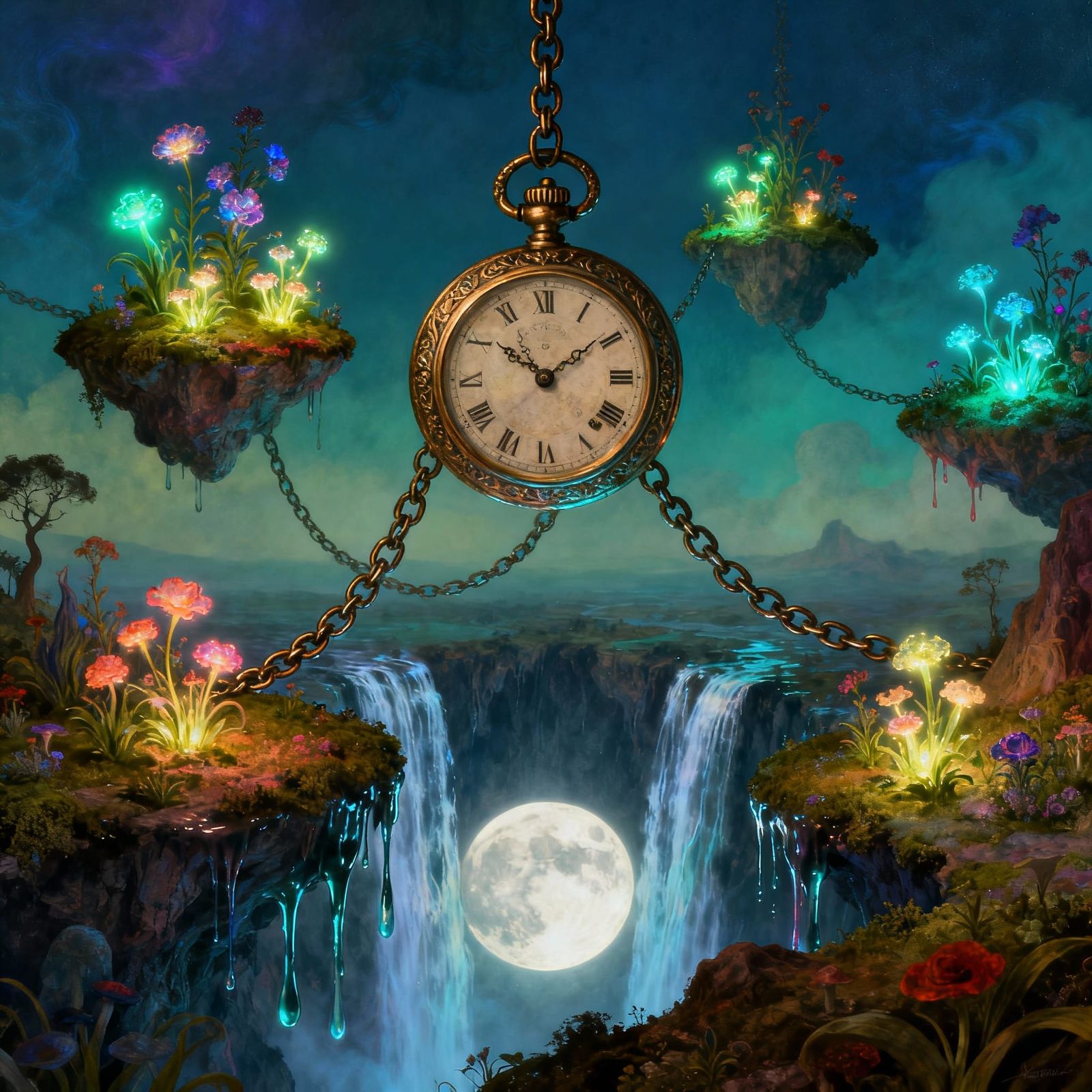 Floating Islands Tethered by Watch Chains in Dreamscape