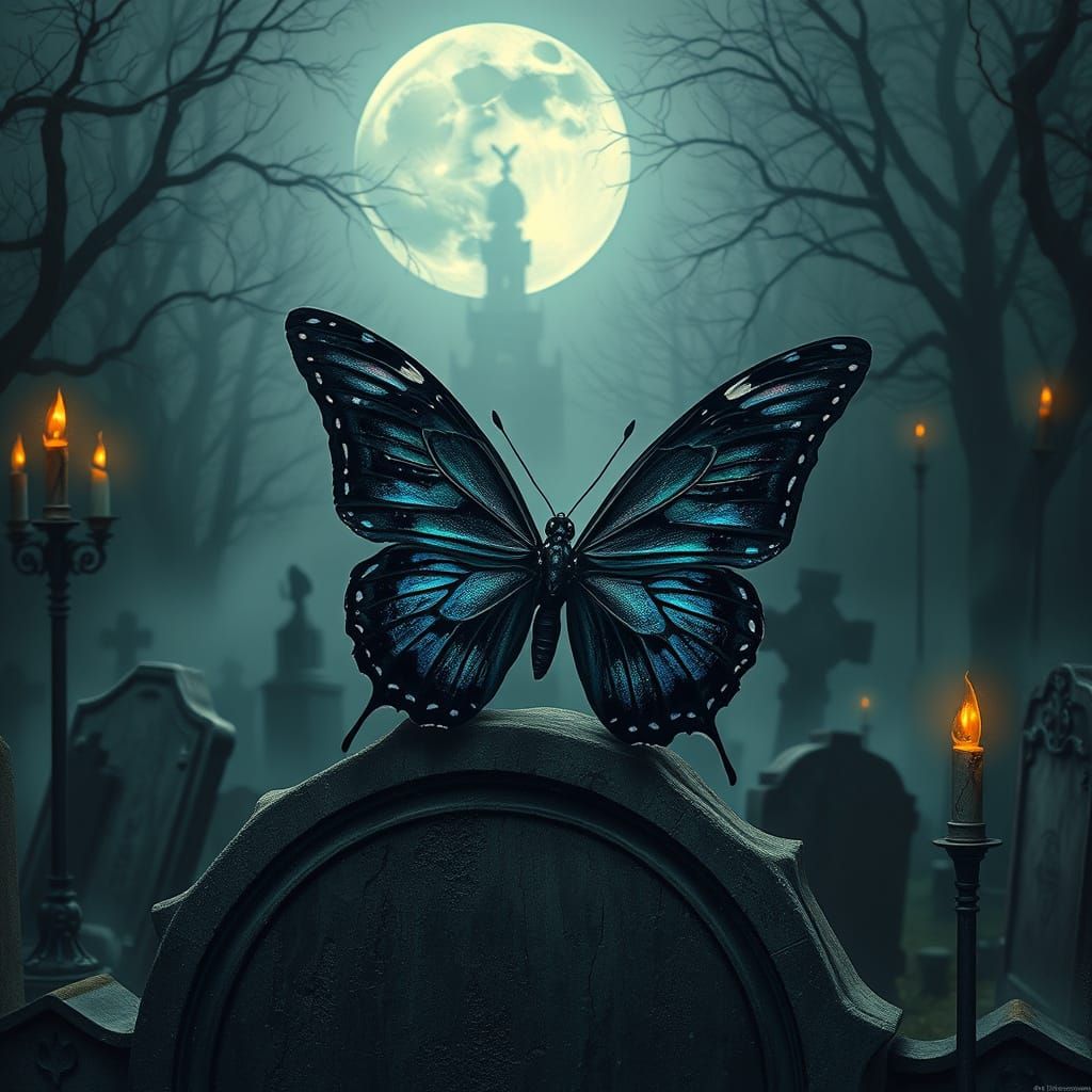 Gothic Black Butterfly in a Dark, Mystical Landscape