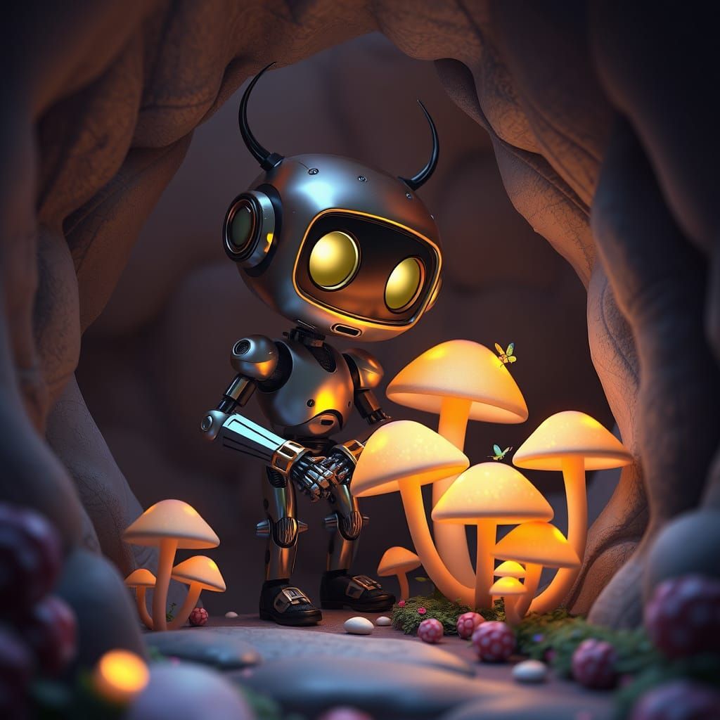 Robot Gardener in Grotto: Pixar-Inspired 3D Art