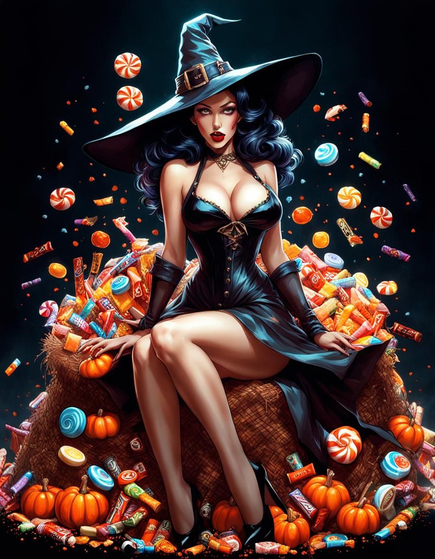 Halloween Pin-Up Witch in Classic Art Style