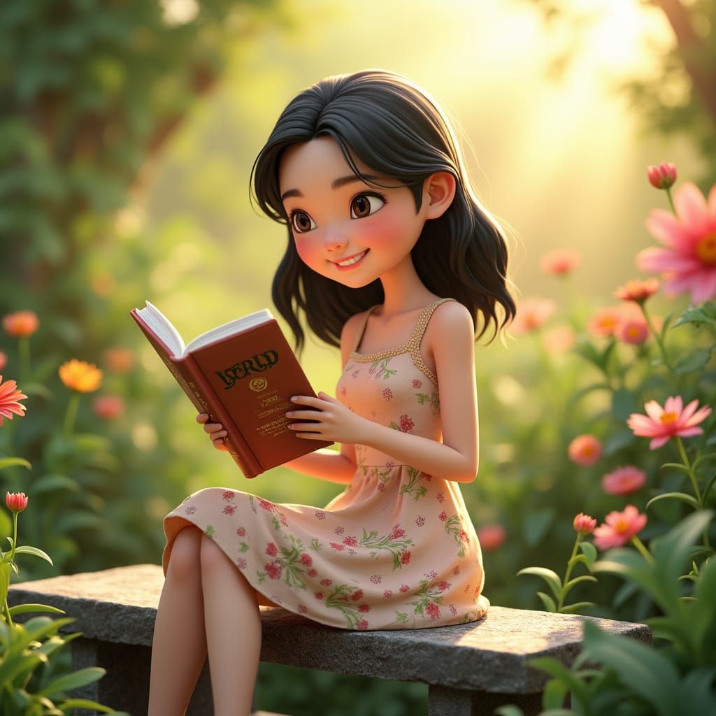Woman Reading in Lush Garden: 3D Digital Art