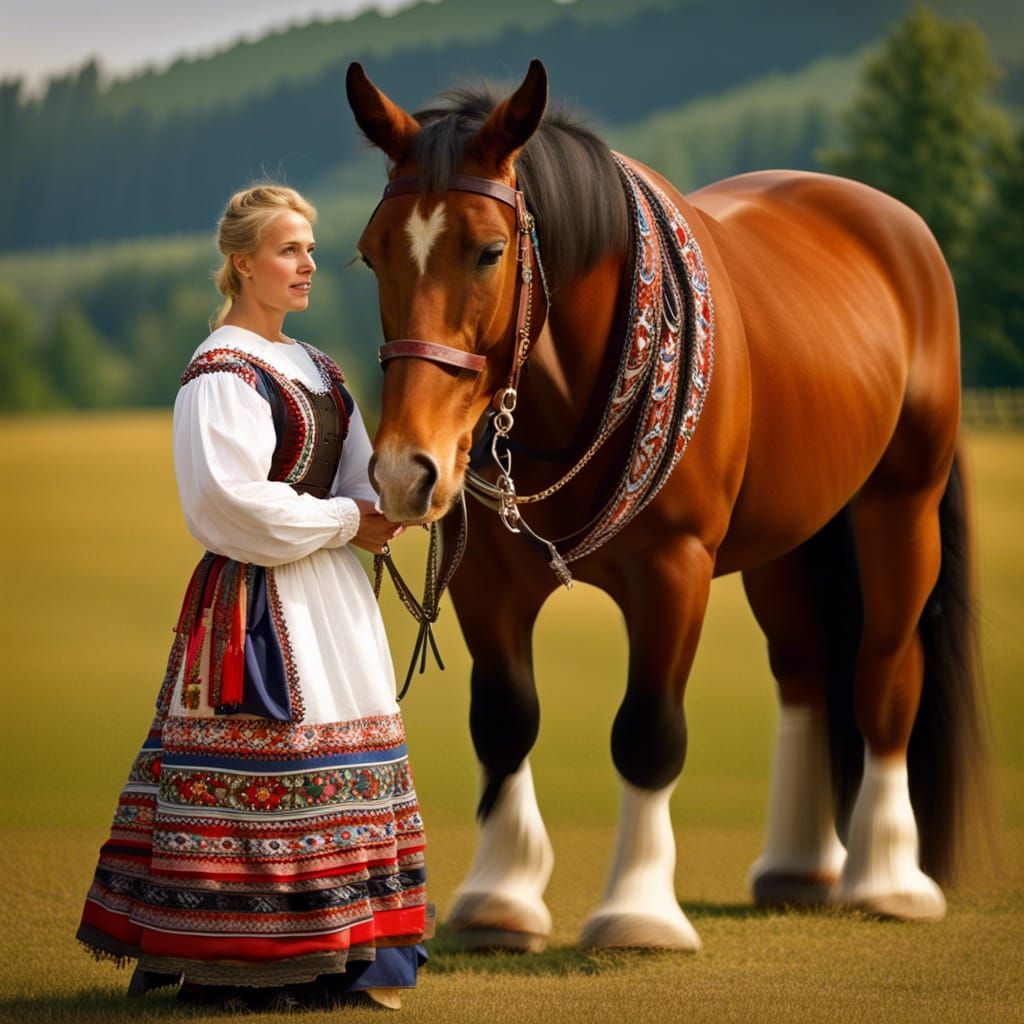 Slovak Woman in Tekov Folk Dress with Clydesdale