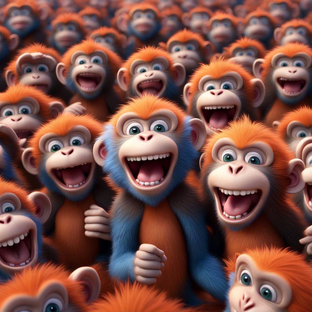 A Hundred Furry Monkeys Waving in 3D Render