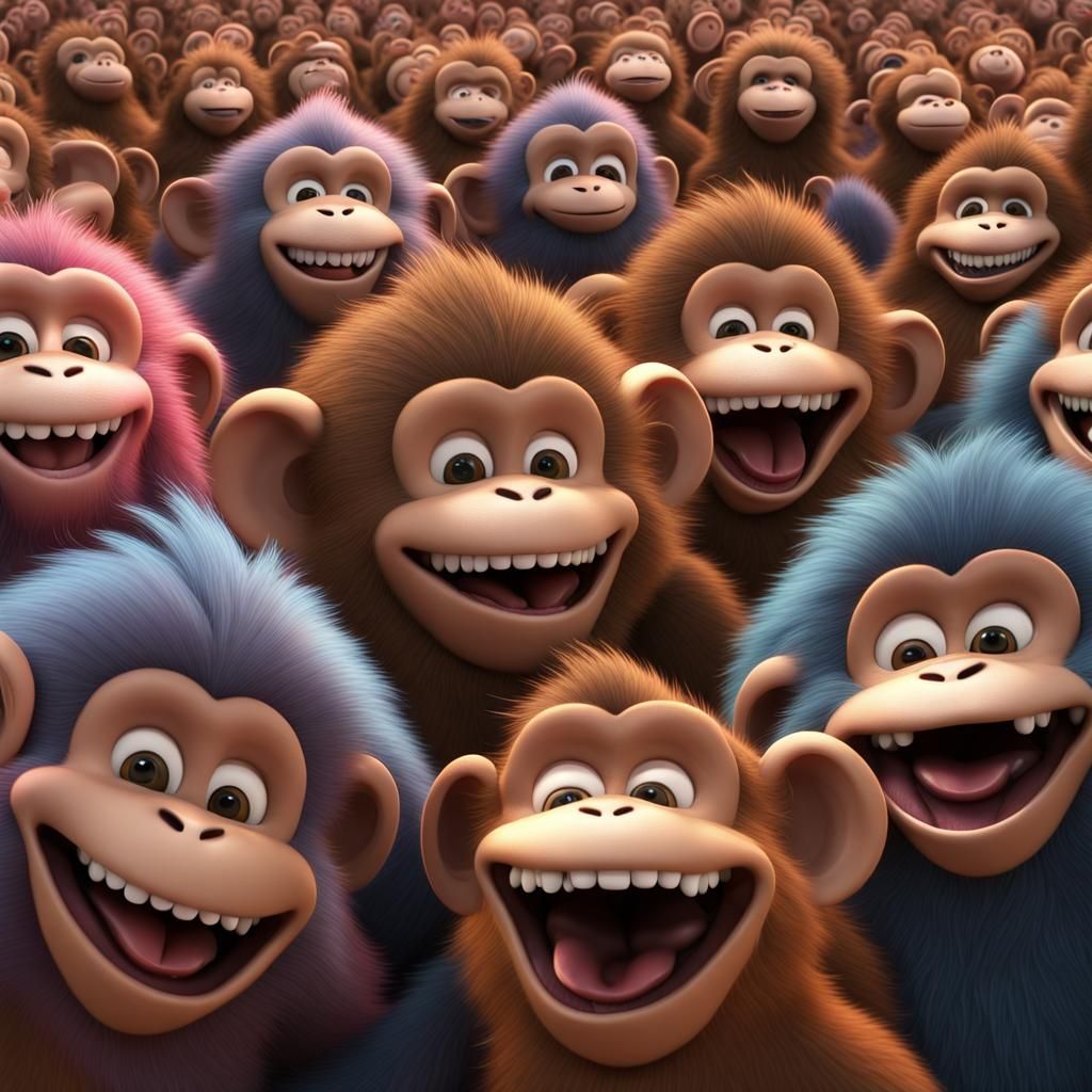 A Hundred Furry Monkeys Waving, 3D Render