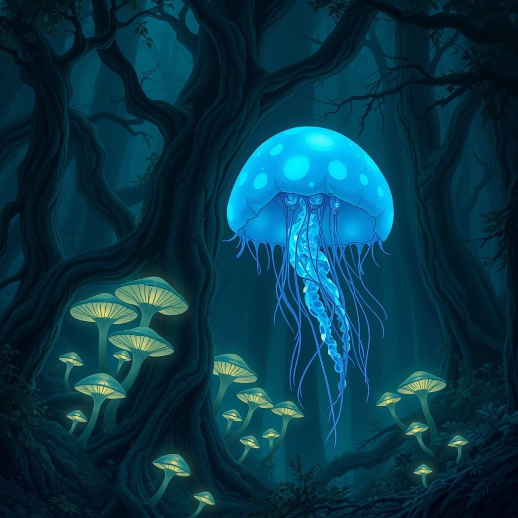 Surreal Bioluminescent Jellyfish Glows in Ancient Forest at ...