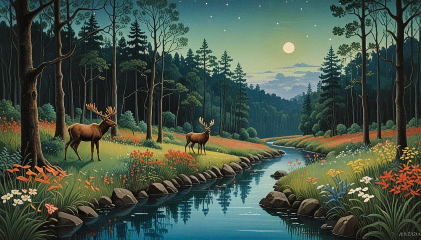 Whimsical Forest Creatures Under Starlit Sky