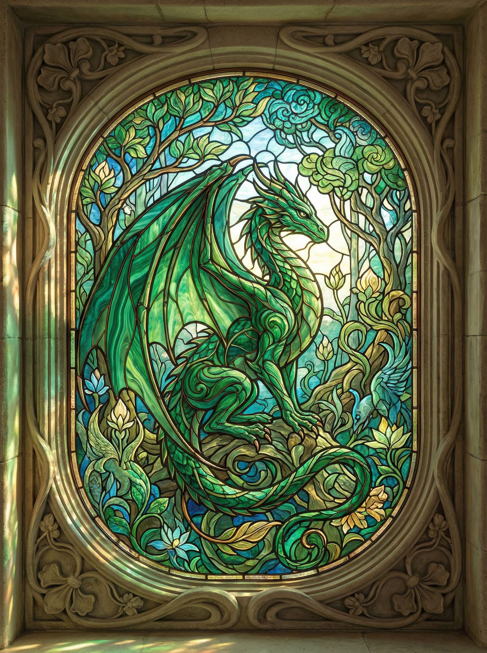 Art Nouveau Dragon in Enchanted Forest Stained Glass