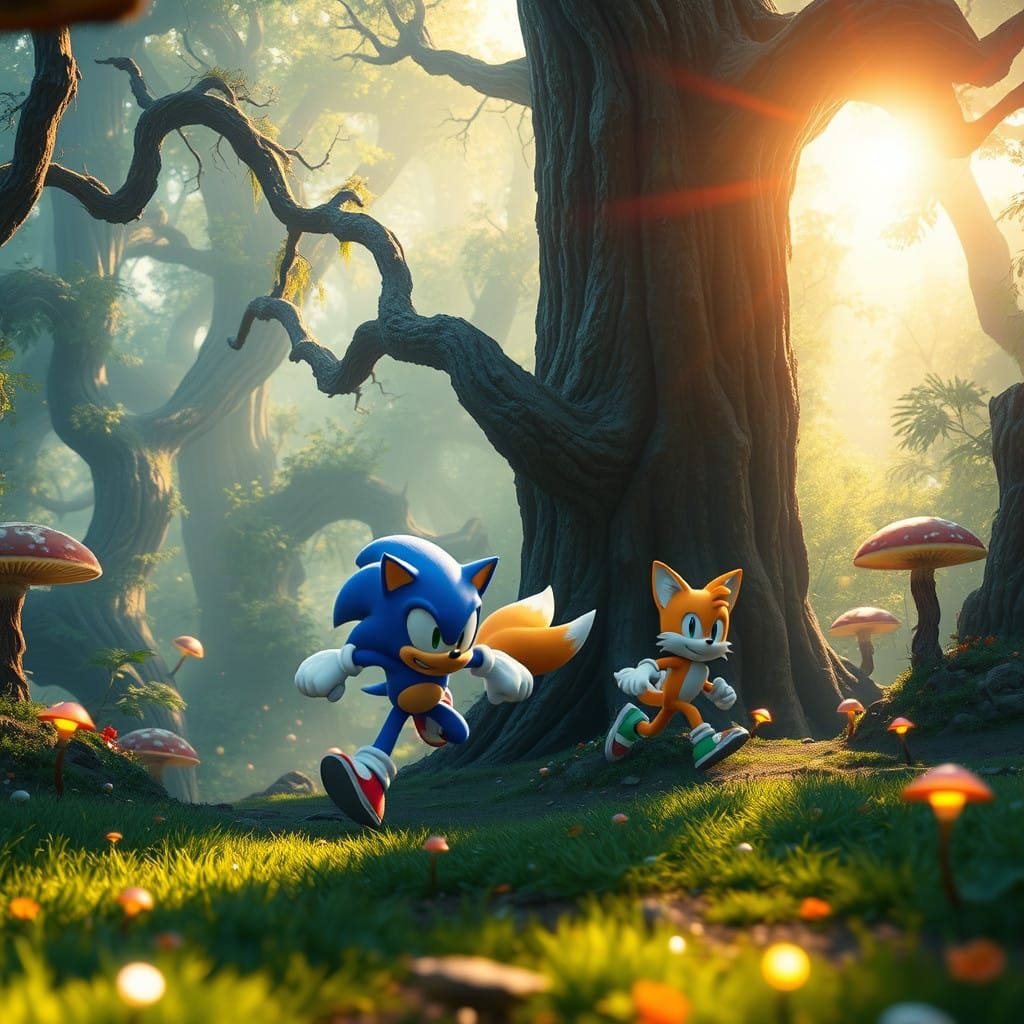Sonic and Tails in a Vibrant Mystical Forest