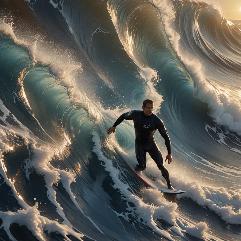 Surfer Rides Gigantic Wave at Sunset