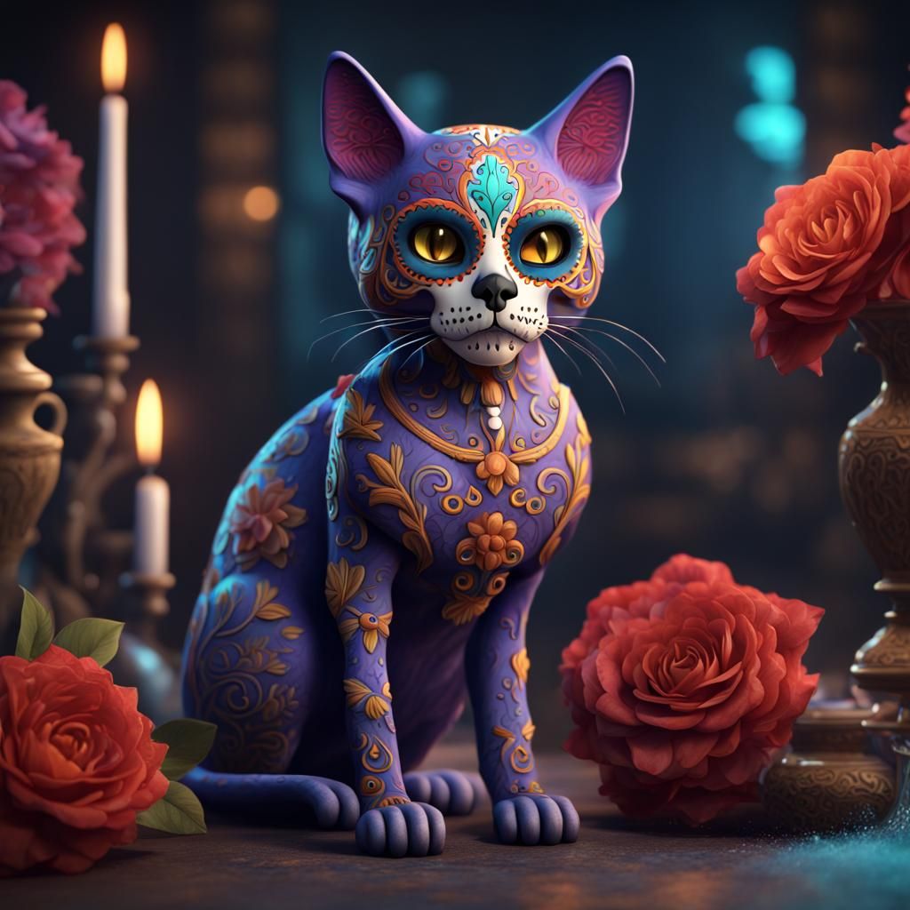 Detailed Sugar Skull Cat Fantasy Art