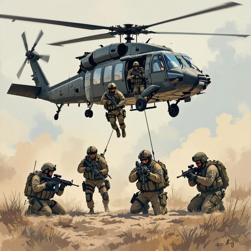 Military Rangers Teamwork in Watercolor Digital Art