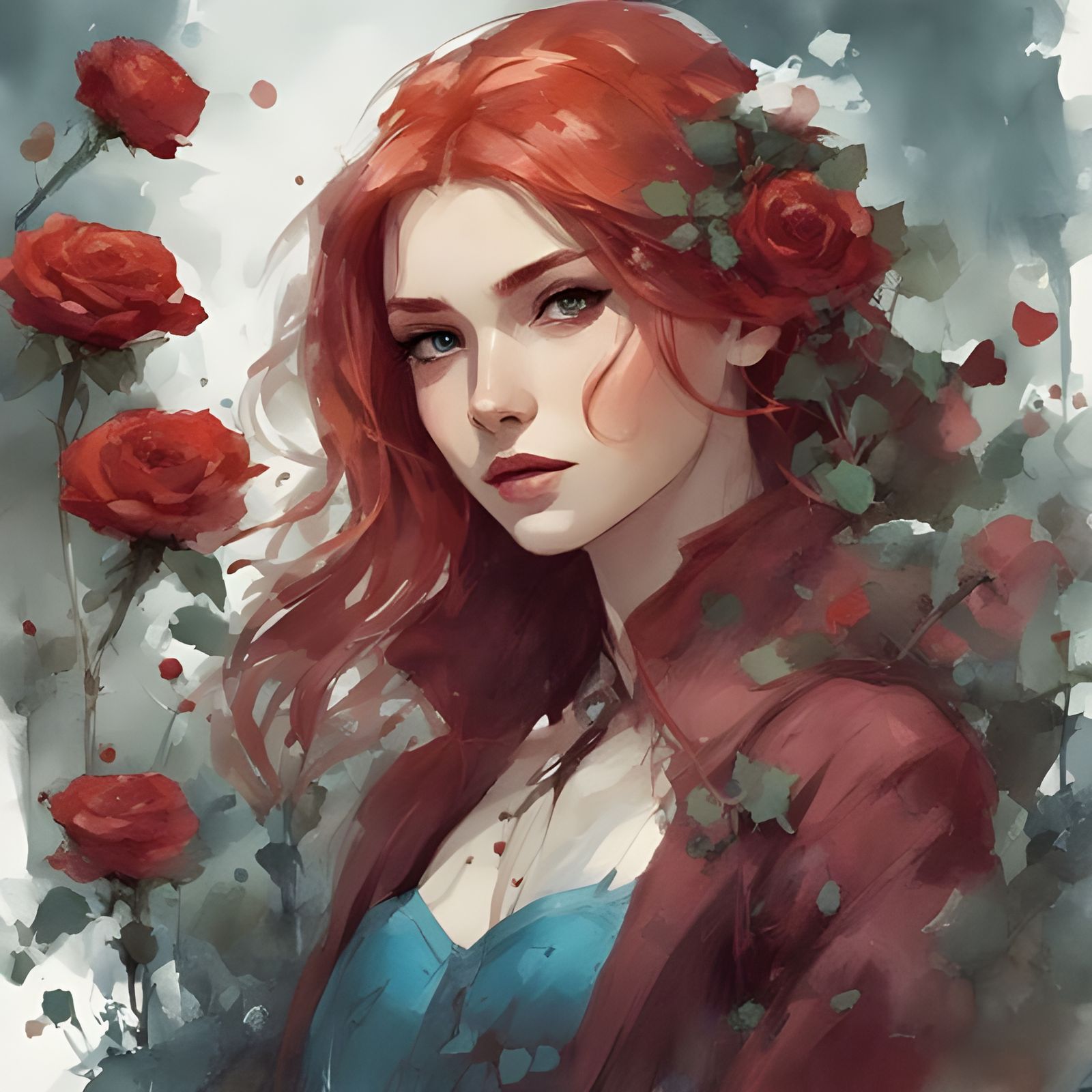 Portrait of a Red-Haired Girl in Splash Art Style