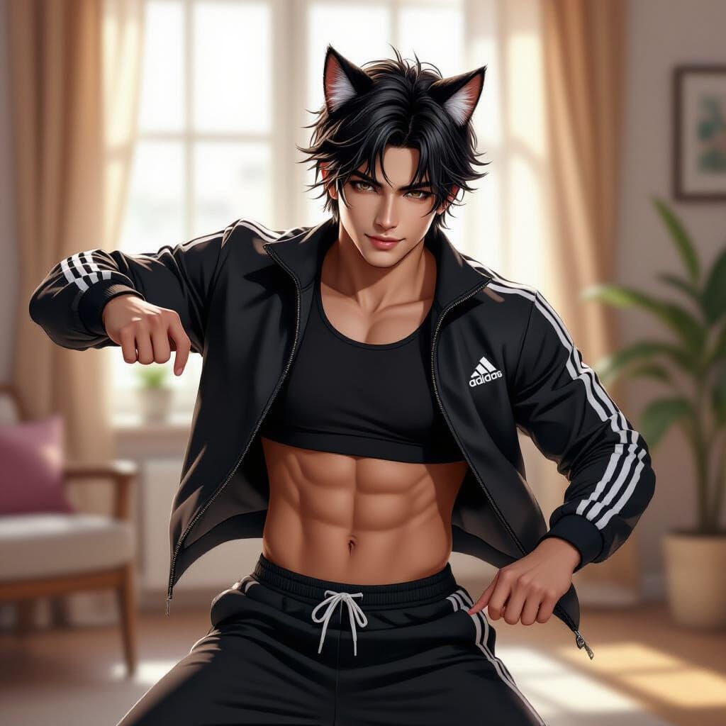 Athletic Cat-Eared Man Dancing in Cozy Room