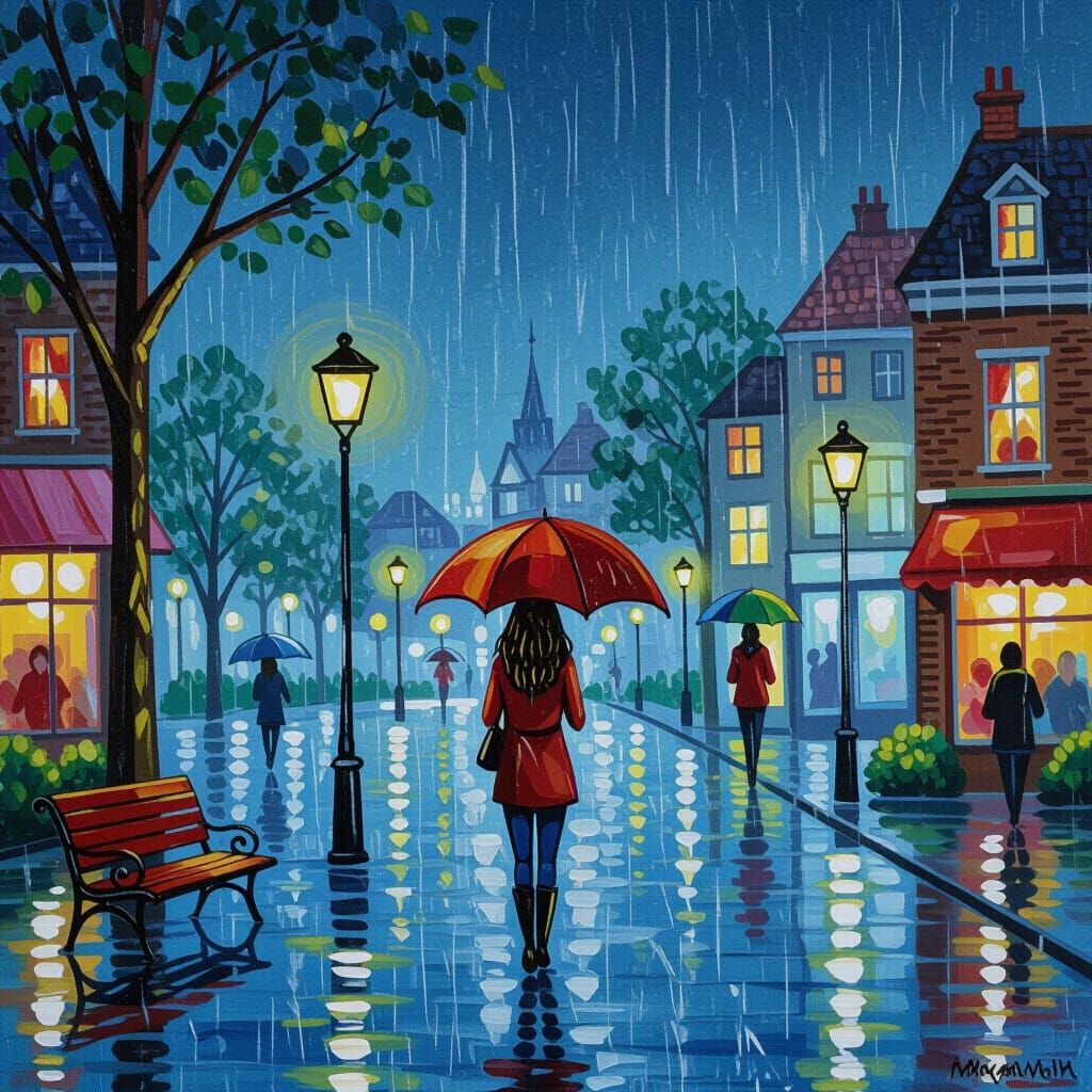 Whimsical Raining Night Scene