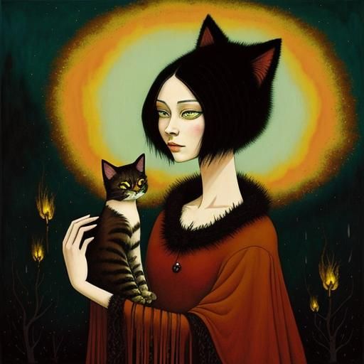 Dreamlike Woman-Cat in Art Brut Style