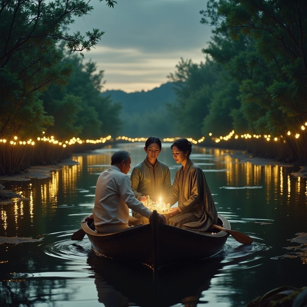 Tropical River Scene with Firefly Light