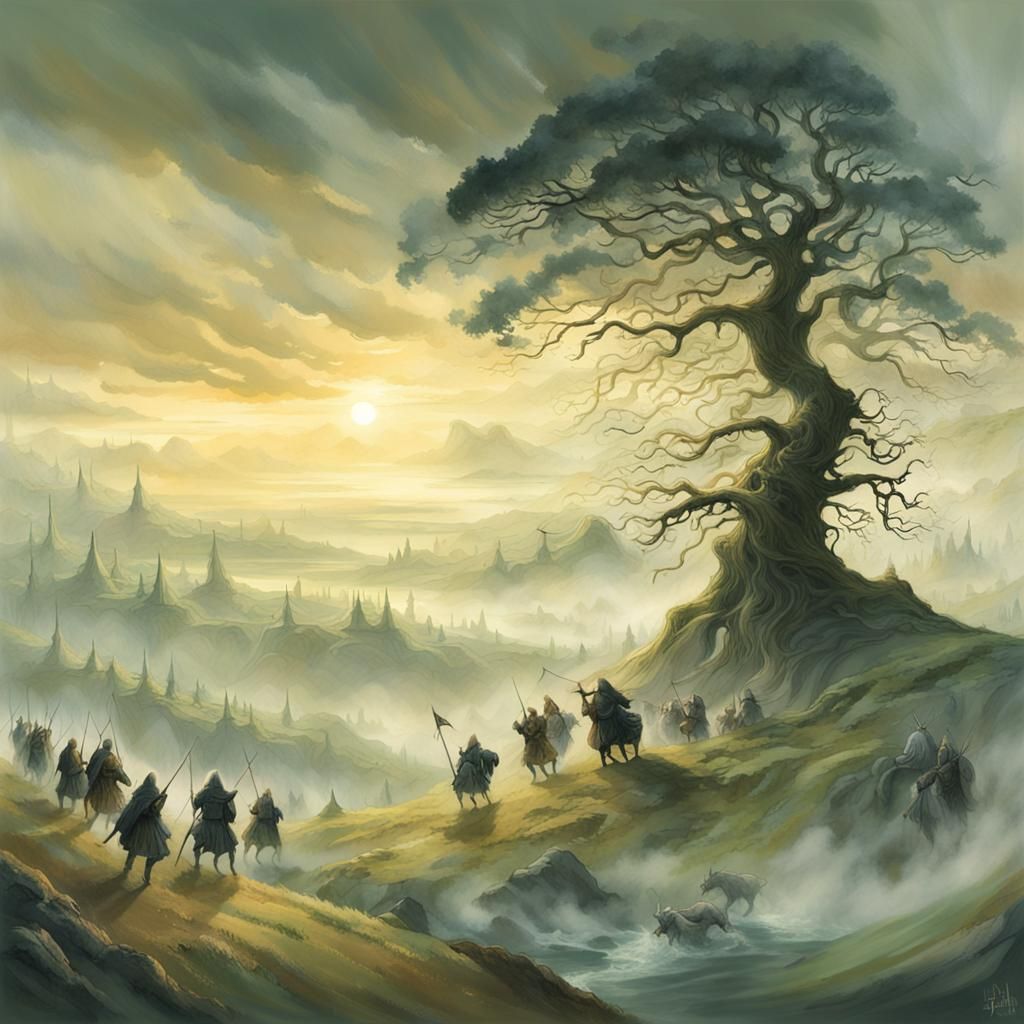 Celtic Battle Scene in Ethereal Emerald Landscape