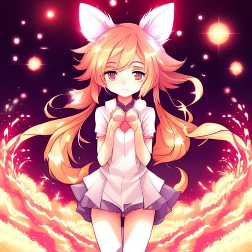 Anime Fox Girl Surrounded by Sparkles