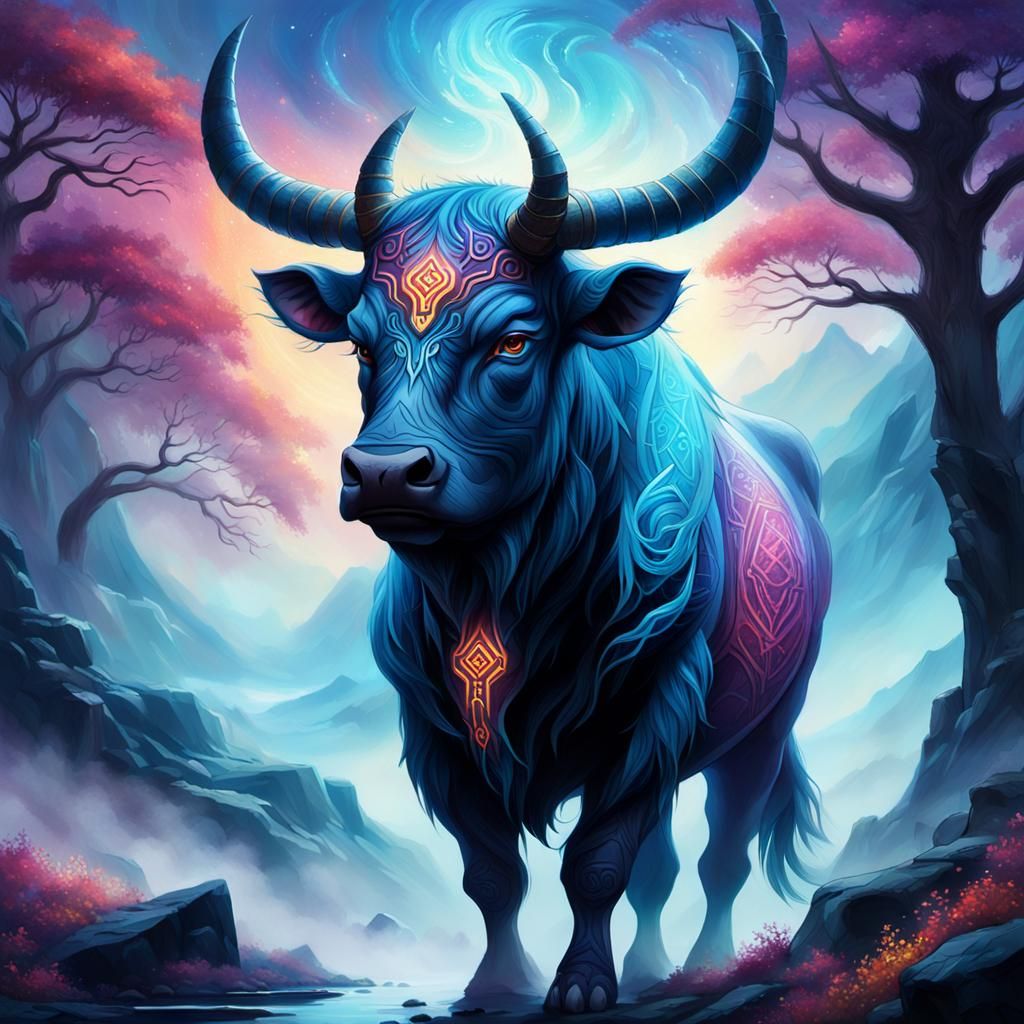 Majestic Runed Bull in Mystical Landscape, Oil Painting