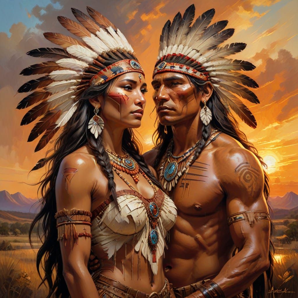 Native American Couple at Sunset, Oil Impasto Painting