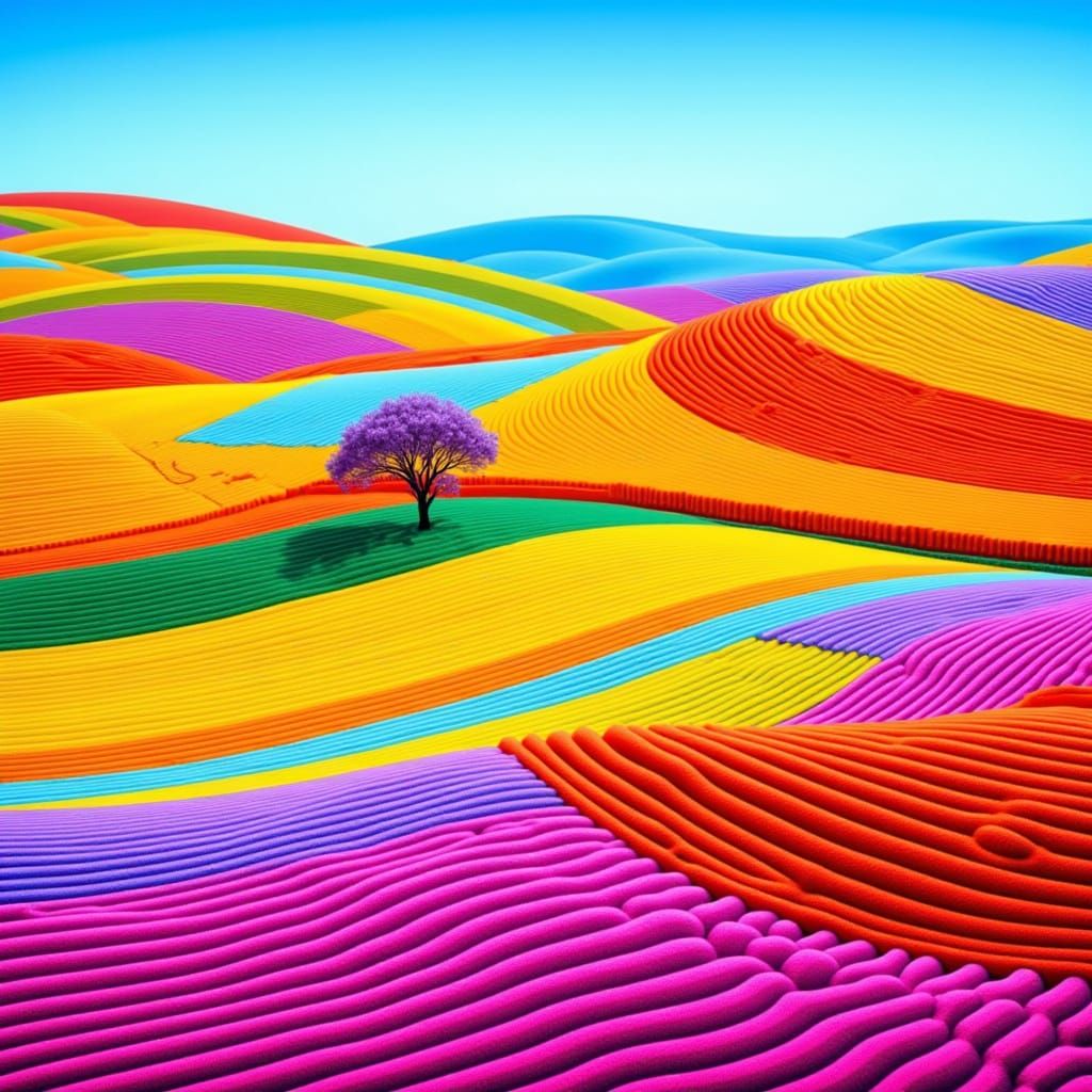 Realistic landscape with colourful striped fields, hyper det...