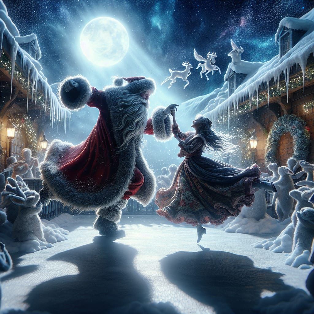 Father and Mother Christmas Dancing Under Moonlight
