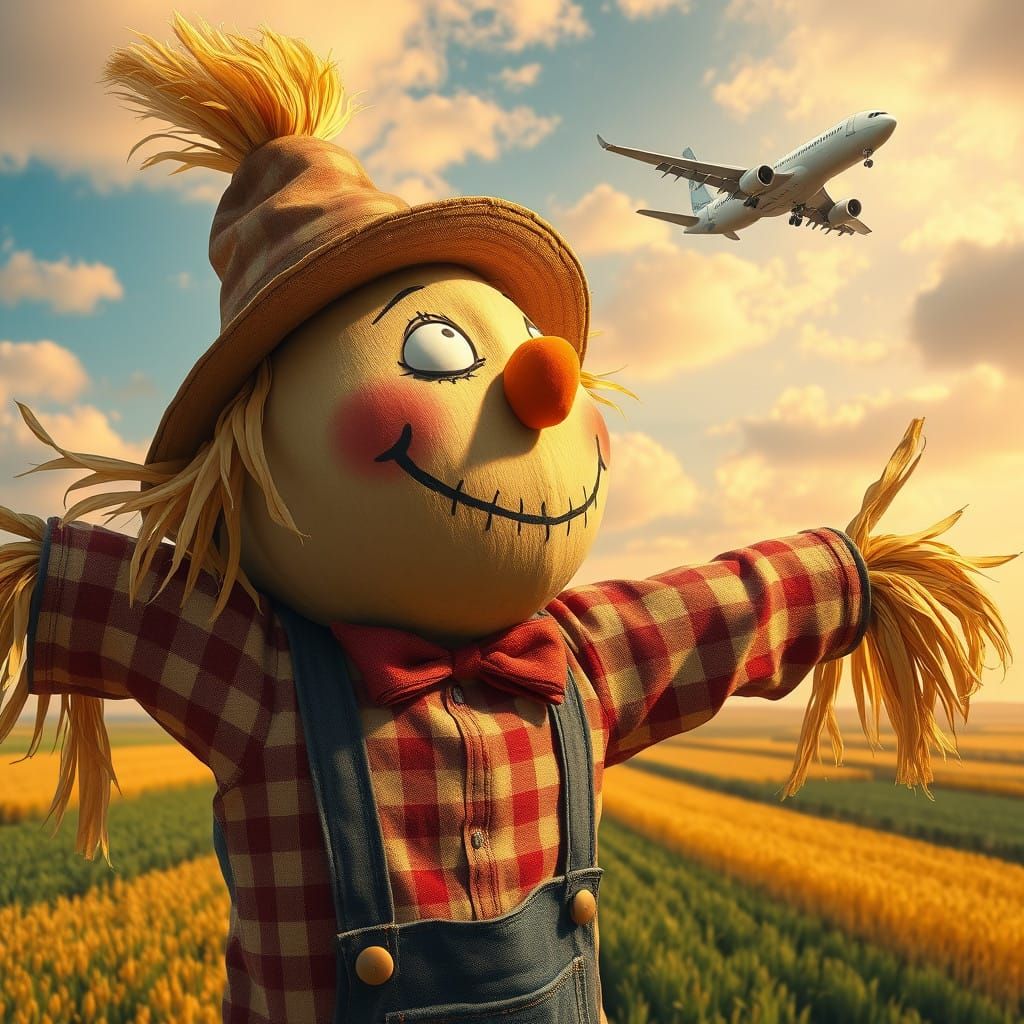 Scarecrow Looks Up at a Brightly Colored Airplane in a Surre...