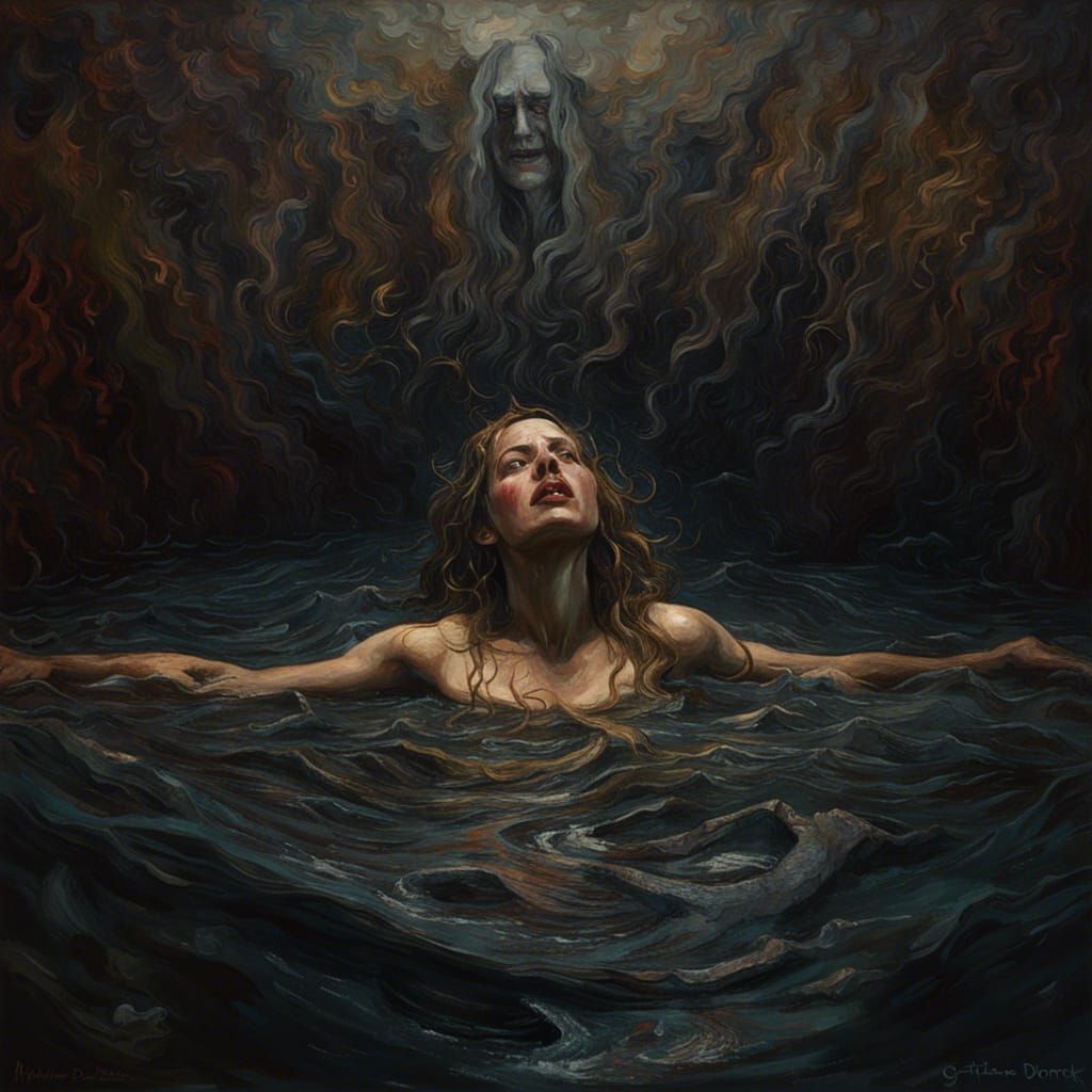 Disturbing Gothic Woman Drowning: An Impasto Masterpiece