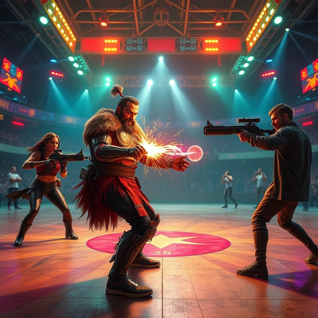 Neon Stadium Warrior Showdown: Detailed Matte Painting