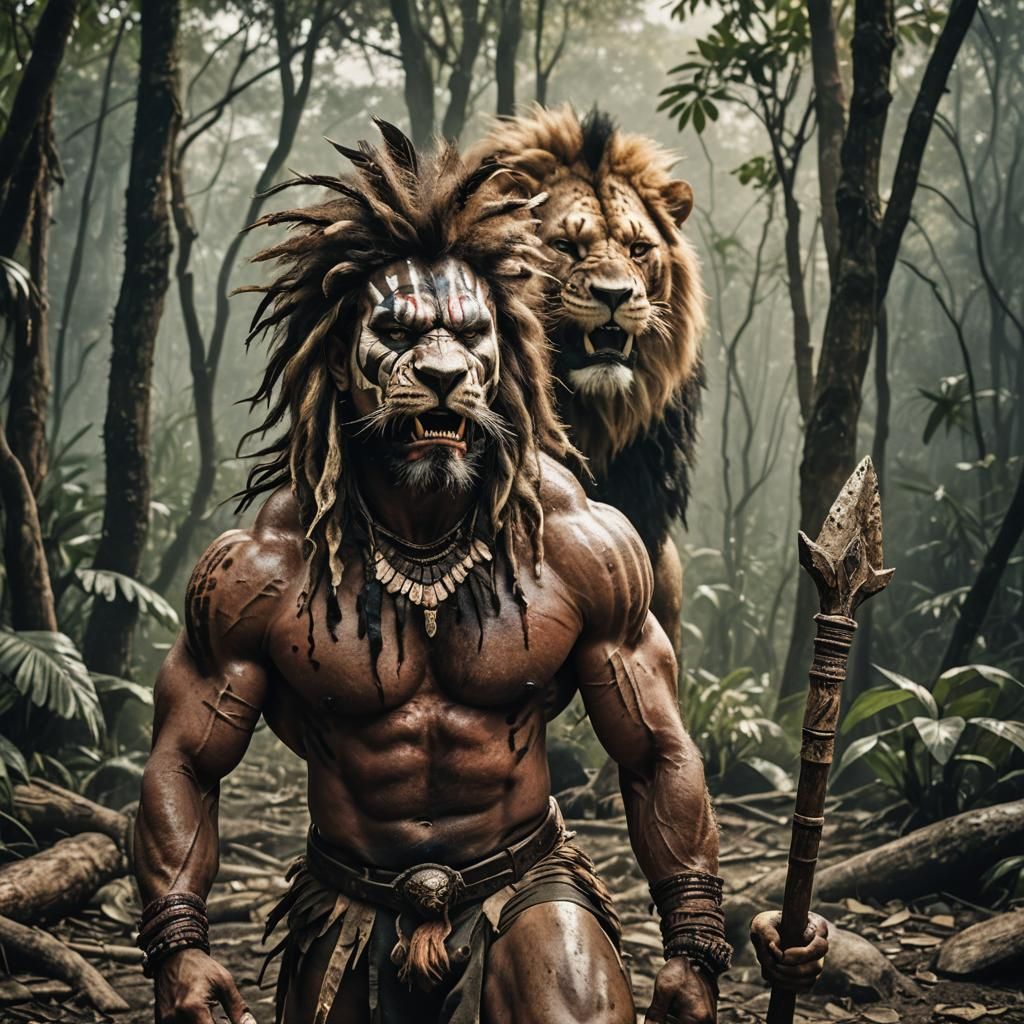 Tribal Warrior in Lion Skin with Monster Head
