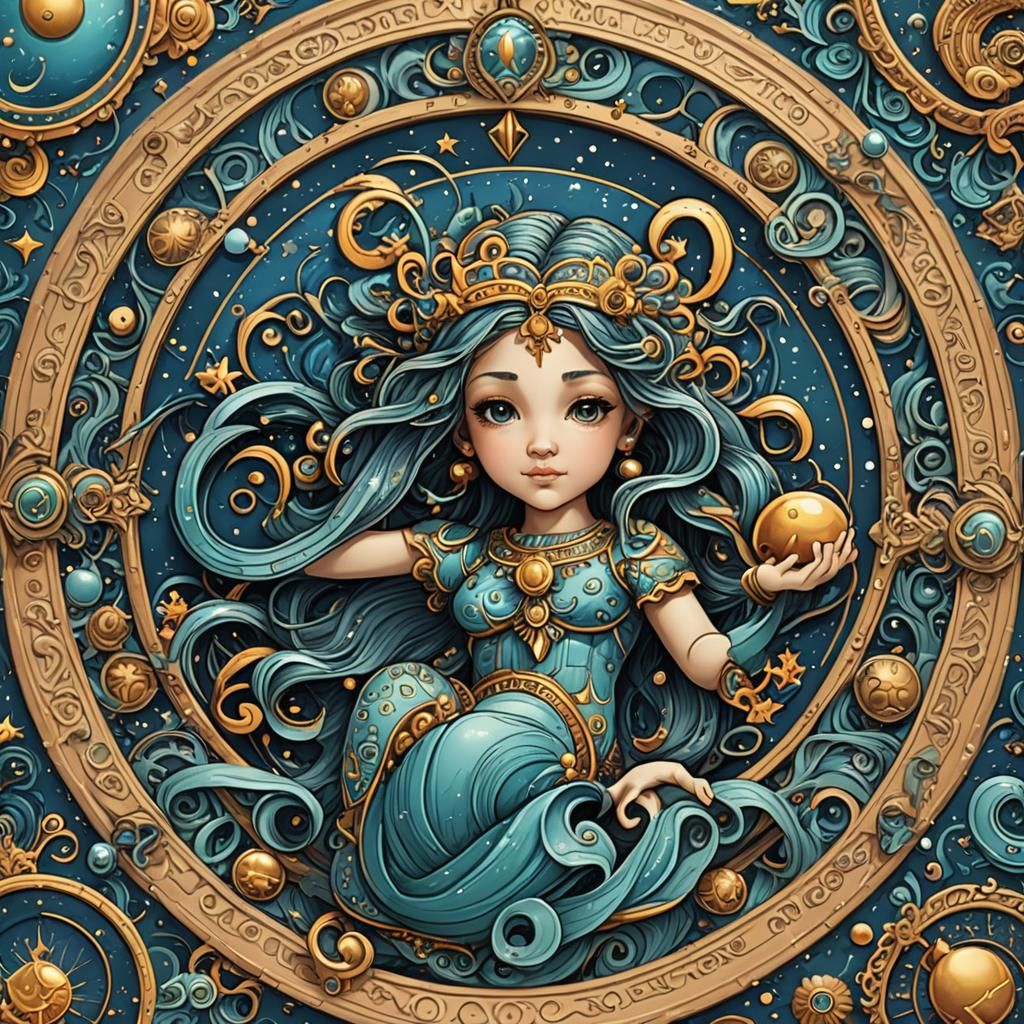 Intricately Detailed Cartoon Aquarius Zodiac Sign