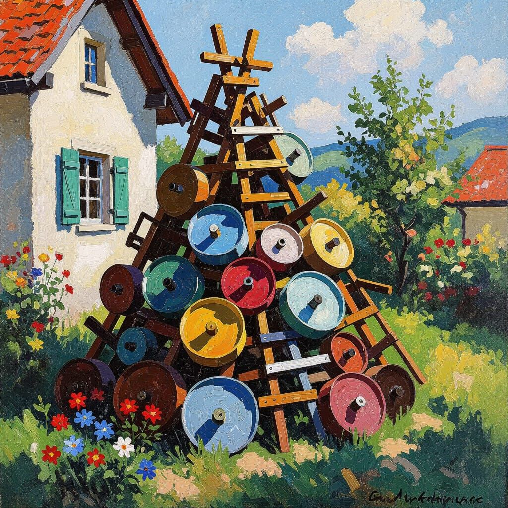 Impressionistic Rakes in Sunny Garden, Monet Style