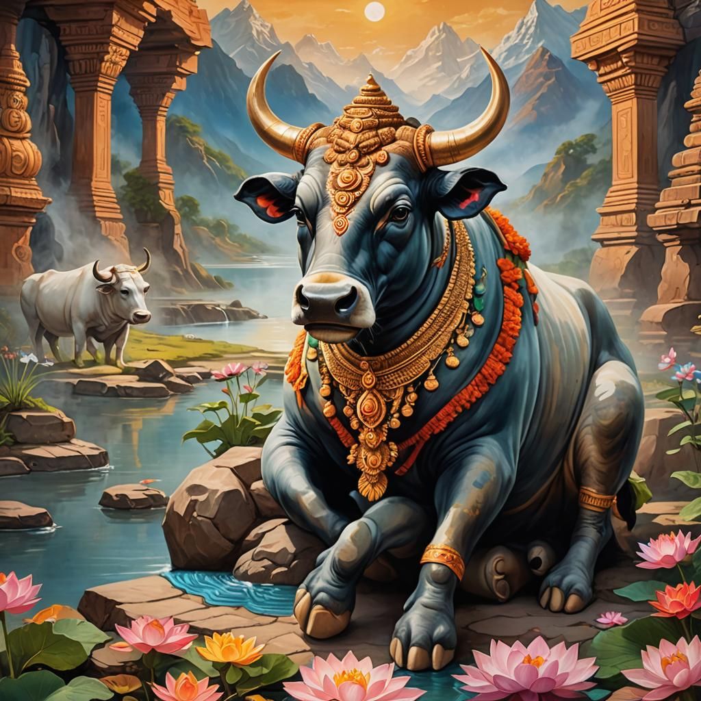 Nandi at Shiva's Feet in Indian Miniature Style