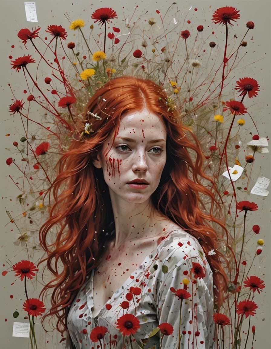Beautiful Woman with Red Hair in Mixed Media Collage