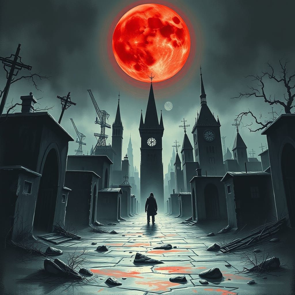 Menacing Presence in Abandoned City Under Blood Moon