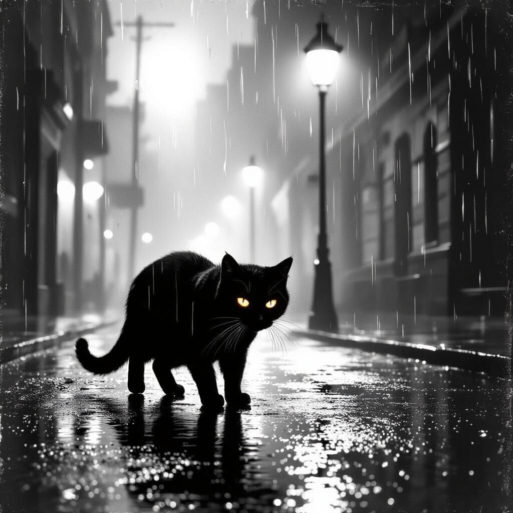 Shadowy Feline Prowls Rain-Slicked Street in Film Noir Style