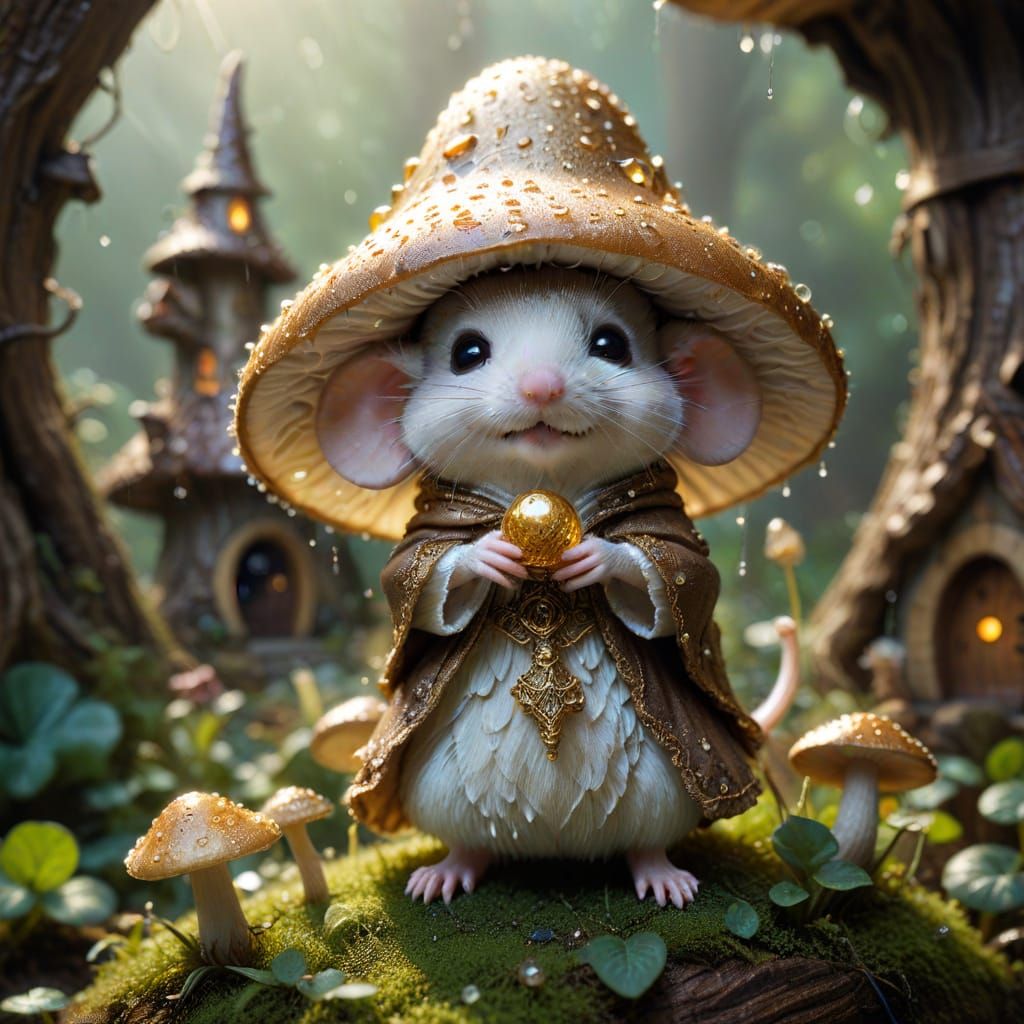 Miniature Wizard Mouse in Whimsical Mushroom Abode