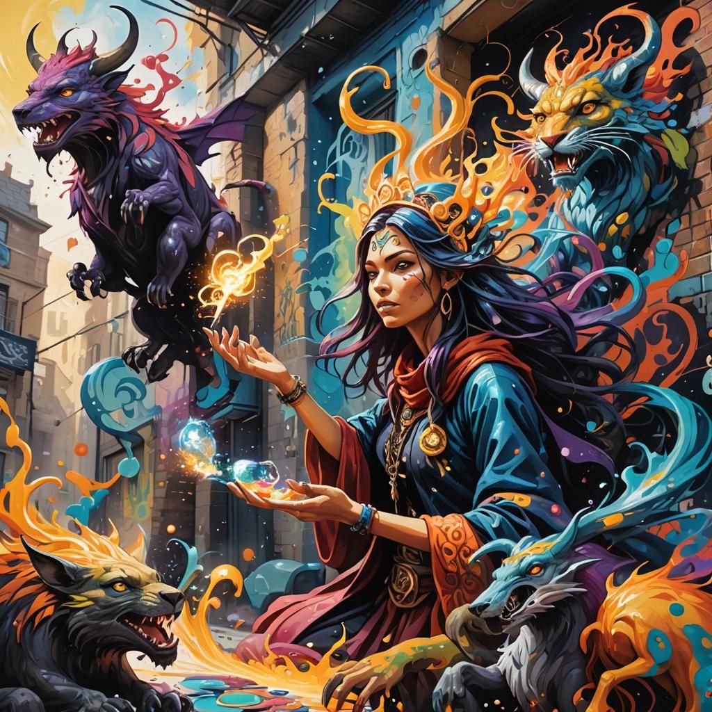 Sorceress Conjures Magic in Vibrant Street Art